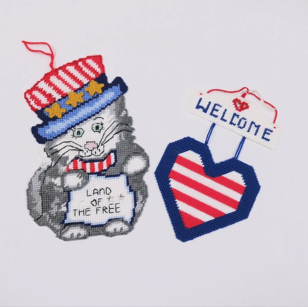 Set Of Two Needlepoint Canvas Hanging Decor Patriotic Cat Vintage Handmade
